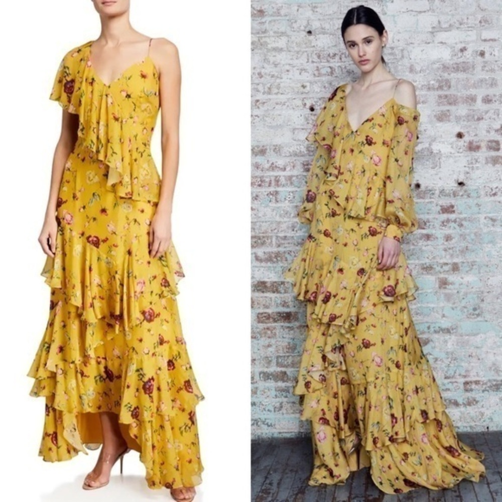 Flor Et.al Melissa Rosebud Printed Silk Chiffon Tiered Ruffle Gown